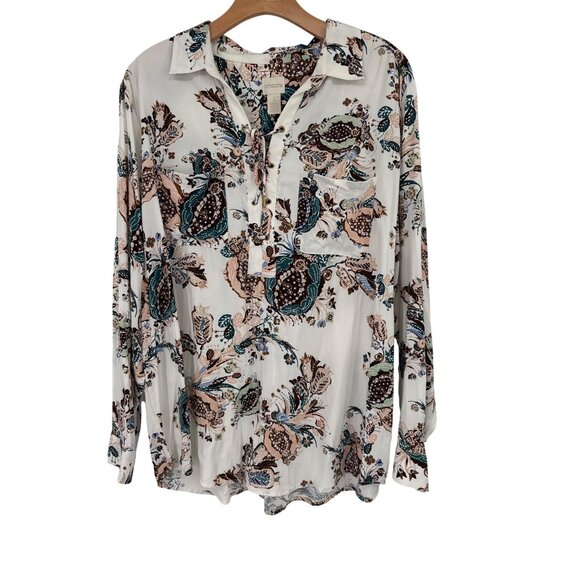 Chicos 3 Womens Floral lace up tunic top  Blouse Size XL Modal Rayon - Picture 1 of 4